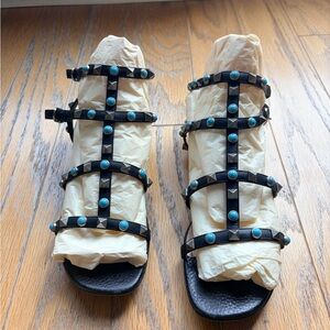 Valentino Garavani Rockstud Black Sandals with Turquoise Studs